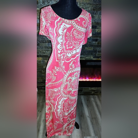 Travelers By Chicos Elegant Coral Paisley Print Dress Size 2/Large - Picture 2 of 7